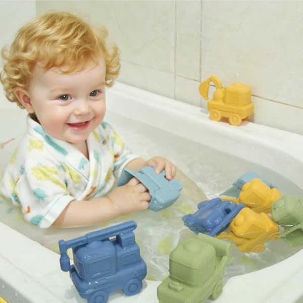 Baby Bath Toys,4 Pack Toddler Cars Truck Bathtub Toys,Silicone Baby Toys,Soft Squeezable Float on Water, Basket Stuffers for Boys Girls