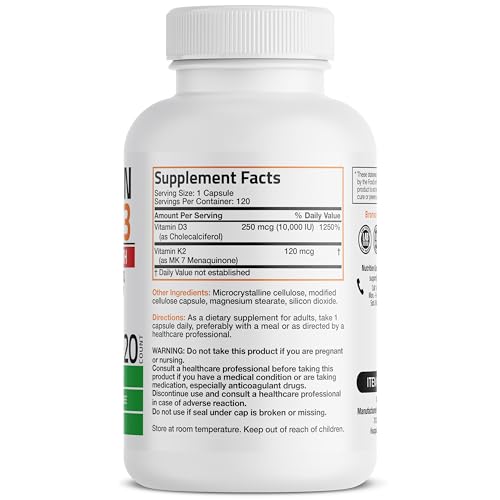 Bronson Vitamin K2 (MK7) with D3 Extra Strength Supplement Bone and Heart Health Non-GMO Formula 10,000 IU Vitamin D3 & 120 mcg Vitamin K2 MK-7 Easy to Swallow Vitamin D & K, 120 Capsules
