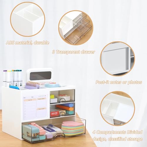 Angju Desk Organizer with 3 Drawer, Multi-Functional Pencil Pen Holder for Desk, Desk Organizers and Storage with 5 Compartments, Desktop Organizer for Office Home Art Supplies and Cosmetic