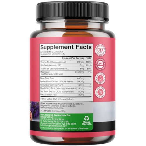 Natures Craft Natural Menopause Supplements for Women - Perfect for Hormonal Balance, Night Sweating & Hot Flashes Menopause Relief - Black Cohosh for Menopause with Resveratrol & Dong Quai