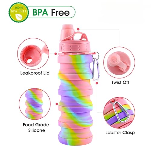 MAKERSLAND Rainbow Collapsible Folding Water Bottles for Kids, Students, Adults, Reusable BPA Free Silicone Foldable Sports Water Bottles for Travel Camping Hiking, Pink