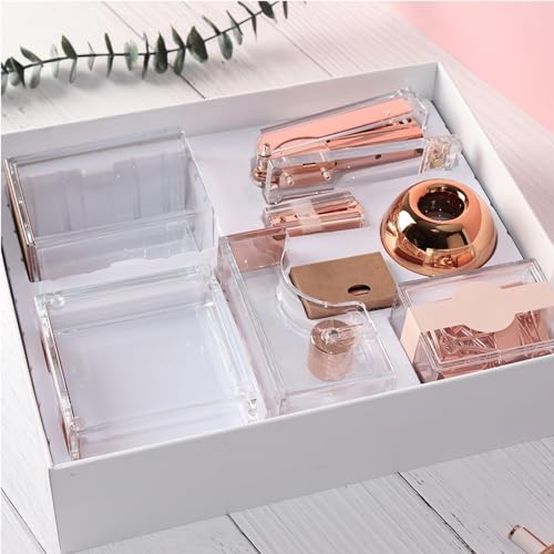 THE WHITE SHOP Acrylic Stapler, Rose Gold Desk Accessories, Office Supplies Set Acrylic Stapler, Set Staple Remover, Tape Holder, Pen Holder
