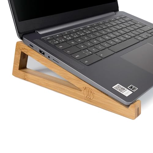 Bamboo Wooden Laptop Stand, Portable Desk Laptop Holder for Tablet with Carry Pouch, Compact Travel Laptop Stand with Protective Silicone Pads, Suitable for Home Office and Travel Use