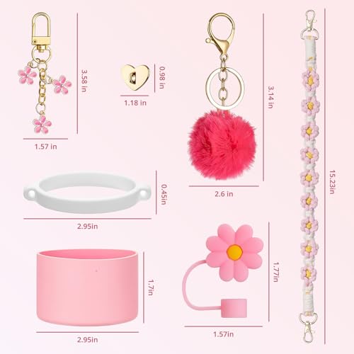 Hahamiya Stanley Cup Accessories Set of 7 - Silicone Boot, Water Bottle Handle Strap, Straw Cover, Charms for 40/30 oz Tumbler - Pink