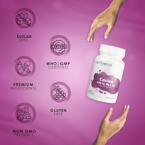 Ambrosial Calcium Magnesium Zinc & Vitamin D3 | High Potency calcium supplement for Healthy Bones, Muscles & Teeth | Highly Bioavailable Calcium citrate formula | Pack of 1-120 Softgels