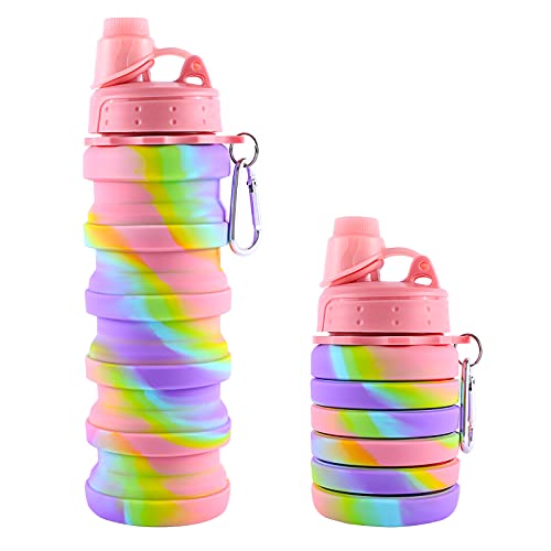 Collapsible Folding Water Bottles for Kids, Students, Adults, Reusable BPA Free Silicone Foldable Sports Water Bottles for Travel Camping Hiking, Pink
