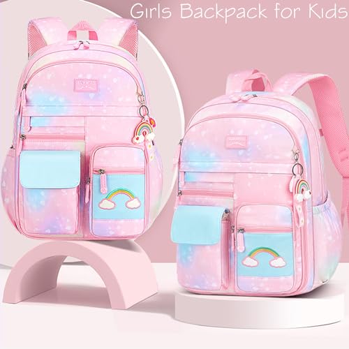 Qiccijoo Girls Backpack for Kids Bookbag Teens Girls Elementary School Bags Cute Student School Backpack Toddler Backpack Lightweight Waterproof Bag for Child(Pink)
