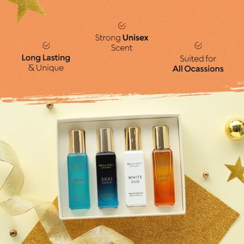 BellaVita Luxury Unisex Perfume Gift Set for Women & Men | Includes Honey OUD, SKAI, FRESH, White OUD, Perfume Set | Long Lasting Perfume Scents | Premium Collection Perfumes (4x20ml)
