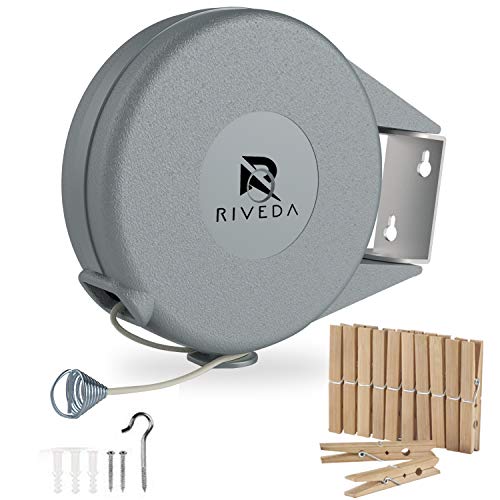 Retractable Clothesline - Portable Heavy Duty Indoor and Outdoor Single Clothes Drying Rack - 40 Feet PVC Retracting Clothes Line with Wall Mount Hang The Wet Dry Clothing Laundry - Easy Installation