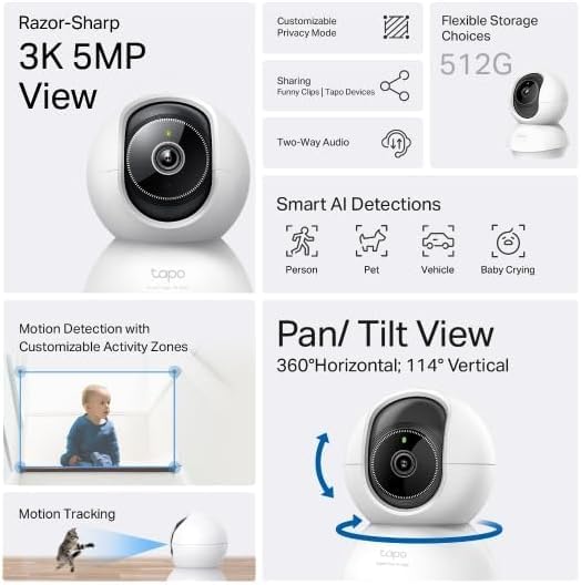 Tapo C230 3K 5MP Indoor Camera, Smart AI Detections - Person Pet Baby Cry, Pan/Tilt 360° View, Security Carmera No Monthly Fee, Enhanced Night Vision, Two-way Audio, Works with Alexa & Google