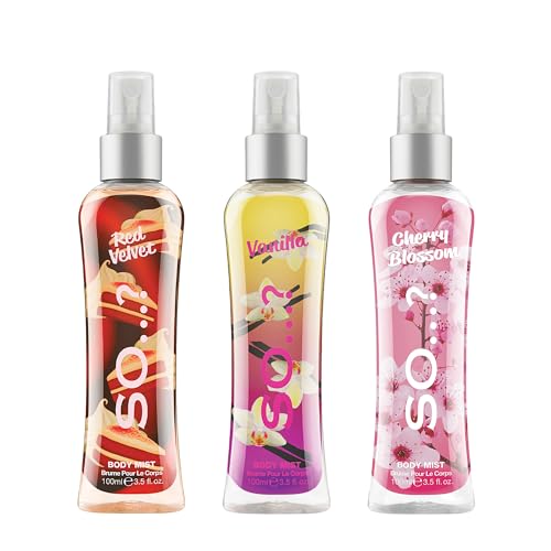 SO?? Body Mist Luscious Trio Womens Body Mist Gift Set, with Red Velvet, Vanilla, & Cherry Blossom, Fragrance Spray Set (3x100ml)