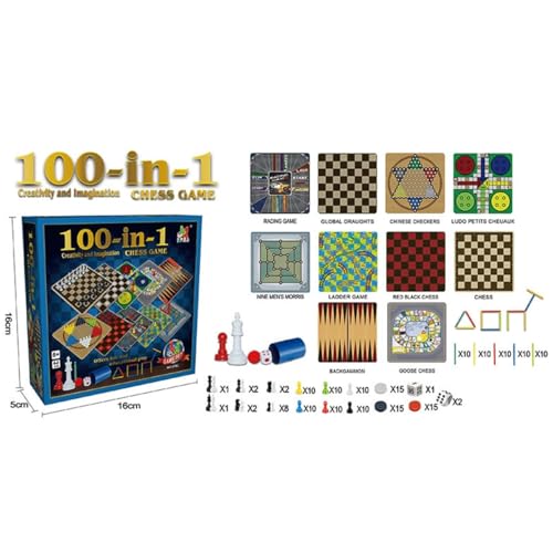 ECVV 100 in 1 Classic Games Compendium of Classic Family Board Games - Includes Chess, Draughts, Ludo Snake and Ladders, Fun & Educational Play