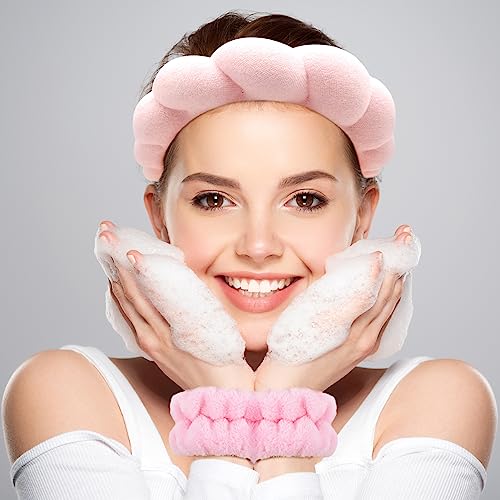 Zkptops Spa Headband for Washing Face Wristband Sponge Makeup Skincare Headband Terry Cloth Bubble Soft Get Ready Hairband for Women Girl Puffy Padded Headwear Non Slip Thick Hair Accessory(Pink)