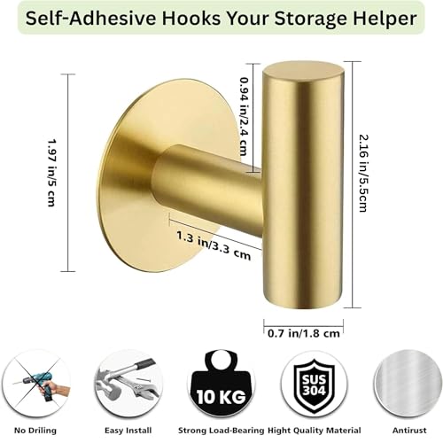 2-Pack Gold Self Adhesive Towel Hook– Self Adhesive Hooks and Towel Holders. Easy Wall Mount Golden Hooks for Coats, Keys, and Robes. Ideal Door Hanger and Towel Hook for Bathroom, Kitchen, Bedroom