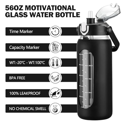 kytffu 56oz Glass Water Bottles with Straw, Motivational Glass Bottle with Silicone Sleeve and Time Marker, Leakproof Large Glass Water Jug for Gym Home Office, Black.