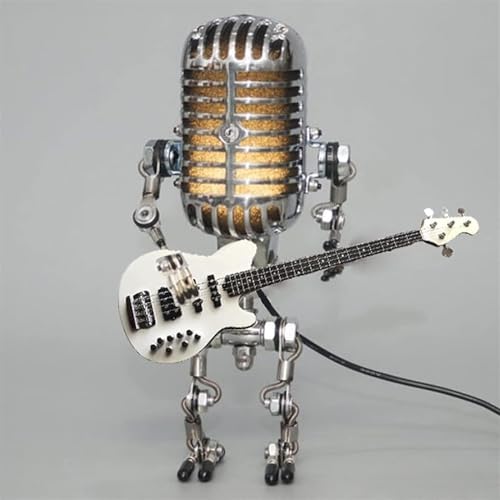 Xmpmrb Vintage Microphone Guitar Robot Lamp, Unique Design, White, Metal Plastic, LED, USB Powered, Tabletop, Bedroom, Energy Efficient