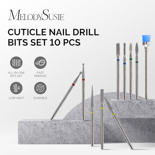 MelodySusie 10Pcs Diamond Nail Drill Bit Set, 3/32'' (2.35mm) Professional Cuticle Nail Drill Bits Kit for Acrylic Gel Nails, Efile Manicure Pedicure Shapen Remove Tools, Home Salon Use(Silver)