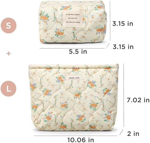 Sminra Floral Makeup Bag Large Cotton Quilted Cosmetic Makeup Bag Organizer, Aesthetic Portable Pouch Purse Toiletry Bag for Women Girls Travel accessories(Blue Floral-L)