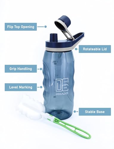 DECADEE 1000ml BPA-Free Water Bottle Leakproof, Quality Haul Non-Slip Sports Water Bottles with Brush for Kids Adults Home Gym Outdoor Travel (Black)