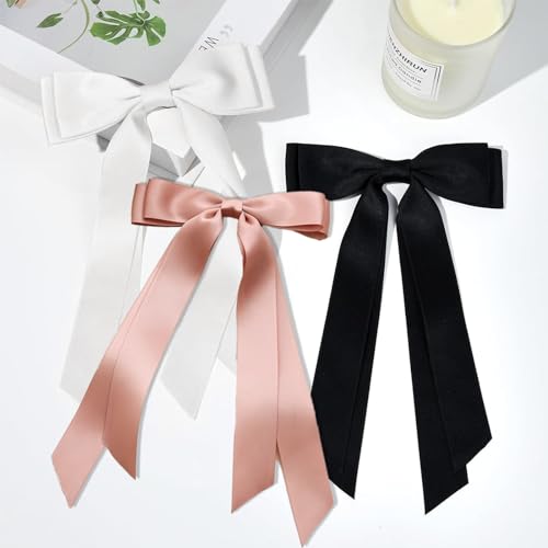 Zurligi 3 PCS Silky Satin Bows Hair Clip, Hair Ribbon Ponytail Holder Accessories Slides Metal Clips, Double Ribbon Accessories for Women Girls Toddlers Teens Kid (3 Colors)