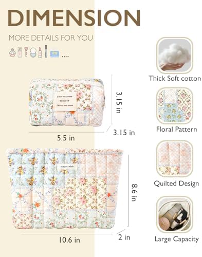Sminra Floral Makeup Bag Large Cotton Quilted Cosmetic Makeup Bag Organizer, Aesthetic Portable Pouch Purse Toiletry Bag for Women Girls Travel accessories(Blue Floral-L)