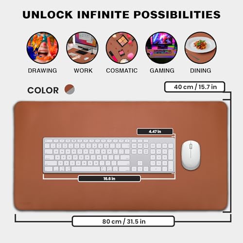 Abarcy Dual-Sided Leather Mouse Pad - 2XL Waterproof Desk Mat, 80x40 cm, Non-Slip, Stitched Edges, Multi-Use, Gaming & Office Mousepad - Brown & Grey, Portable, Ergonomic Design for Smooth Movement
