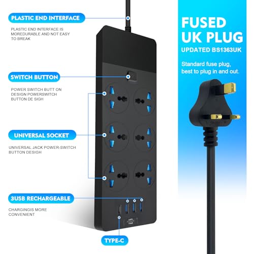 SKY-TOUCH Power Strips Extension Cord 6 Outlets, UK Plug Universal Plug Adapter with 3 USB & 1 Type-C Ports Surge Protector, Charging Socket with 2M Bold Extension Cord (Black)