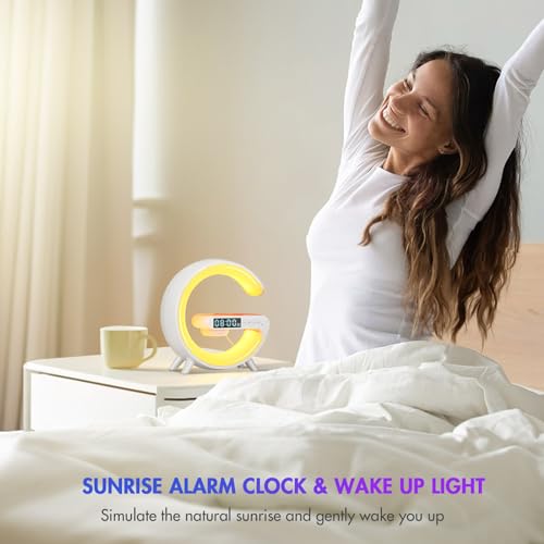 Wireless Charger Atmosphere Lamp, 2023 New Mini LED Table Lamp, Bluetooth Speaker, Dimmable Night Light Bedside Lamp Alarm Clock with Music for Christmas Birthday New Year Valentines Day Gifts