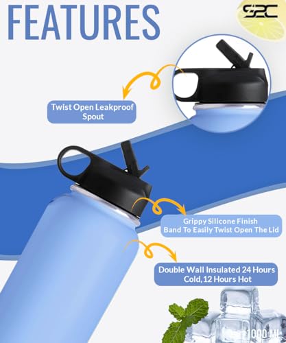 S2C Stainless Steel Water Bottle 1L,32oz Double Wall Vacuum Insulated Water Bottle, BPA Free Water Bottle for Kids School with Straw lid- Thermos Water Flask for Hot Water, Water Bottle (SKY BLUE)