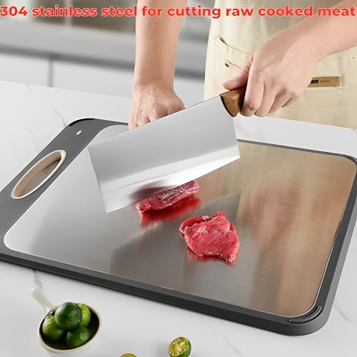 Beauenty Cutting Board,Double Sided Cutting Board 304 Stainless Steel Cutting Board and Wheat Straw Chopping Board for Kitchen,16�11 in Large Chopping Board for Fruit,Vegetables,Meat,Easy to Clean
