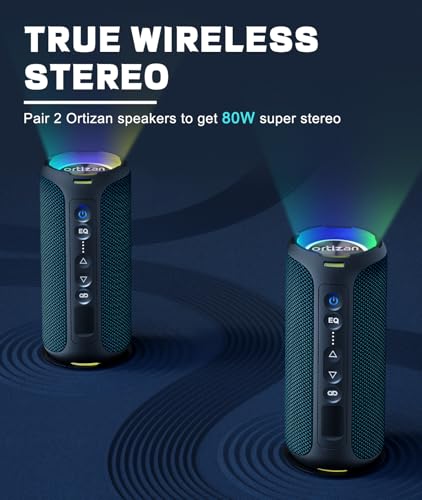 Ortizan Bluetooth Speakers, 40W Loud Stereo Portable Wireless Speaker, IPX7 Waterproof Shower Speakers with Bluetooth 5.3, Deep Bass, LED Light, Microphone, True Wireless Stereo for Home, Outdoor