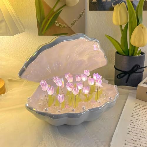 NALACAL DIY Tulip Night Light, 20 Flowers Shell Table Lamp, 2 in 1 Portable LED Handmade Bedroom Decor Creative Gift for Teen Girls, Friends,Children, Birthday, Mother's (Purple)
