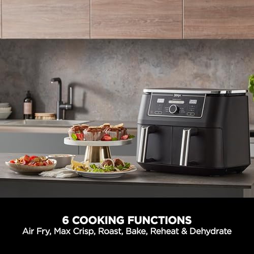 Ninja Foodi MAX Dual Zone Digital Air Fryer, 2 Drawers, 9.5L, 6-in-1, Uses No Oil, Air Fry, Max Crisp, Roast, Bake, Reheat, Dehydrate, Cook 8 Portions, Non-Stick Dishwasher Safe Baskets, Black AF400ME