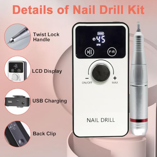 Azulmart Electric Nail File Set 6 In 1 Professional Nail Drill Kit Machine 45000RPM Speed Adjustable Manicure Pedicure Polishing Shape Tools Rechargeable Portable with 2 Nail Bits for Women Salon Home