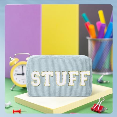 Pinkunn 4 Pcs Preppy Makeup Bags Christmas Chenille Letter Bag Face Skin Hair Stuff Cosmetic Bag Corduroy Makeup Pouch with Zipper Birthday Gifts for Women(Purple, Pink, White, Blue,Corduroy)