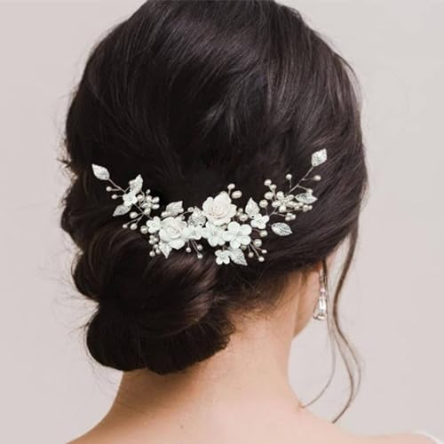 Tazweeq Flower Bride Wedding Hair Vine Pearl Bridal Hair Piece Leaf Hair Accessories Hair Piece for Women and Girls,Flower Pearl Hair Accessories for Birthday Party (9inches,Silver)