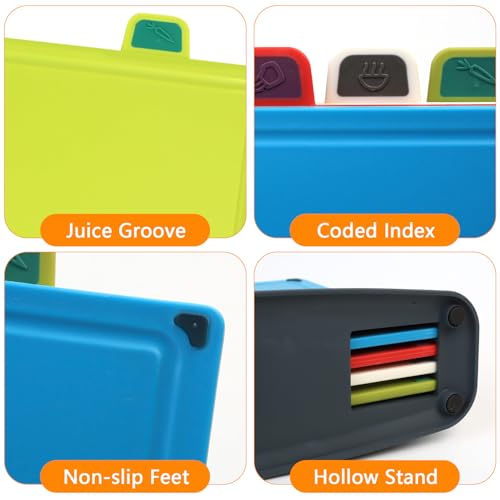 Plastic Chopping Board, Set of 4, 30 x 20 cm, Chopping Board Set with Stand, Dishwasher Safe PP, BPA-Free, Non-Slip Chopping Boards Set, Kitchen Boards for Fruit, Vegetables, Meat