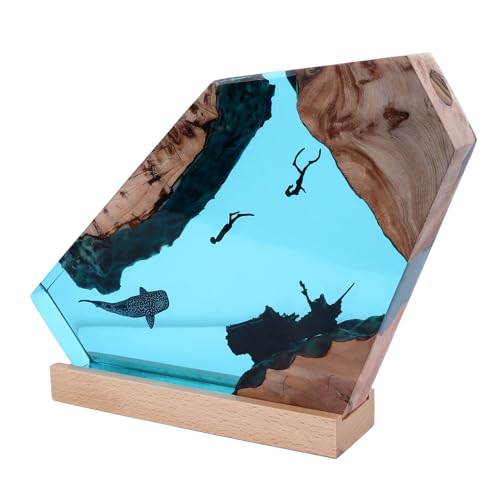 gernie Resin Diver and Humpback Whale LED Night Light, Large Handcrafted Wood Lamp for Home Decor, Desk Ornament