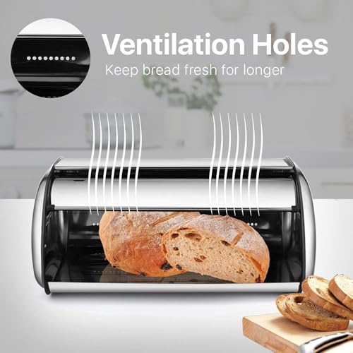 Bolivia's Bread Box for Kitchen, Stainless Steel Bread Box, Roll up Top Lid for Kitchen Countertop, Metal Large Boxs for Homemade Cake Buns Pastries Cookies (34� 23� 14.5cm)