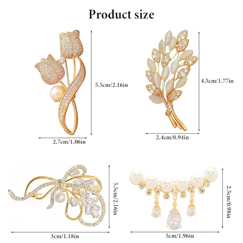YHCG Brooches for Women, 4 PCS Rhinestone Brooch Pins Vintage Style Dress Pin Elegant Decorative Broches Scarves Shawl Clip Dress Hat Accessories