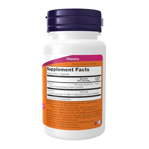 NOW Supplements, Mega D-3 & MK-7 with Vitamins D-3 & K-2, 5,000 IU/180 mcg, Bone & Cardiovascular Support*, 60 Veg Capsules