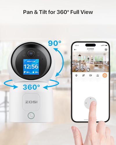 ZOSI 2.5K 4MP Indoor Camera with Screen, 360° Views Baby/Pet Dog Monitor with Gesture/One-Touch Calling, 2 Way Video, 2.4G/5G Dual-Band WiFi Home CCTV Security Camera, Person Detection, C519M