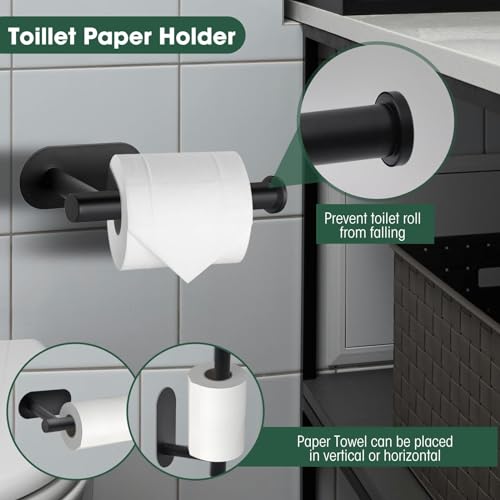 ZERIFAM Bathroom Towel Holder - 4-Pieces Towel Rack Bathroomï¼ŒBathroom Hardware Set No Need To Drill Holes,Includes Toilet Paper Holder, Clothes Hook, And Two Towel Racks (BLACK)