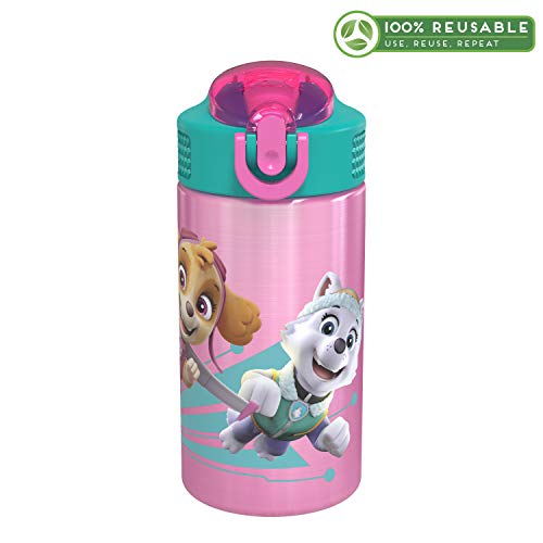 Zak Designs 18/8 Stainless Steel Kids Water Bottle with Flip-up Straw Locking Spout Cover, Durable Cup for Sports or Travel (15.5oz, Paw Patrol Skye),PWPT-S732