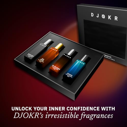 DJOKR Perfume Gift Set for Men Pack of 4x20 ML | Eau De Parfum | Premium Luxury Long Lasting Fragrance Spray | Signature, On The Rocks, Oud Wood, Marine (4x20 ml)