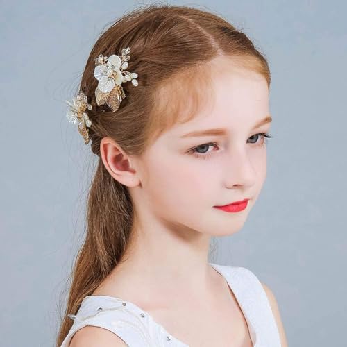 Wedding Flower Girl Hair Pins Bride Pearl Hair Piece Crystals Hair Clips Bridal Hair Accessories for Women and Girls Pack of 2 (Gold)