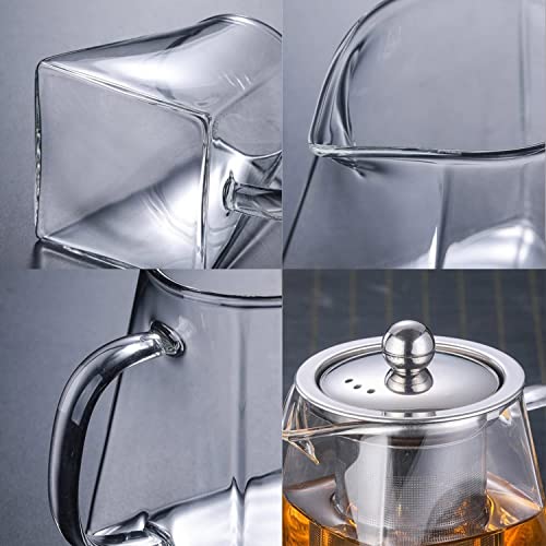 TAPIT 950ml Glass Teapot with Infuser, Borosilicate Glass Tea Kettle for Loose Leaf Tea, Transparent Teapot with Stainless Steel Removable Infuser,Microwavable and Stovetop Safe (950ml-Square)
