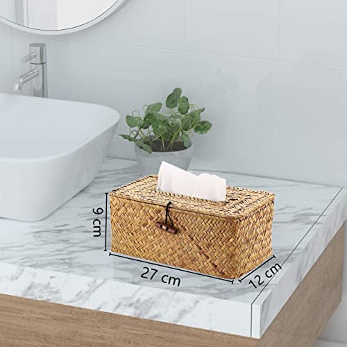 Angju Rectangular Rustic Seagrass Wicker Tissue Box Cover, Natural/Earthy Tone Facial Tissue Holder for Bathroom Vanity Toilet Dresser Table Countertop Office Car