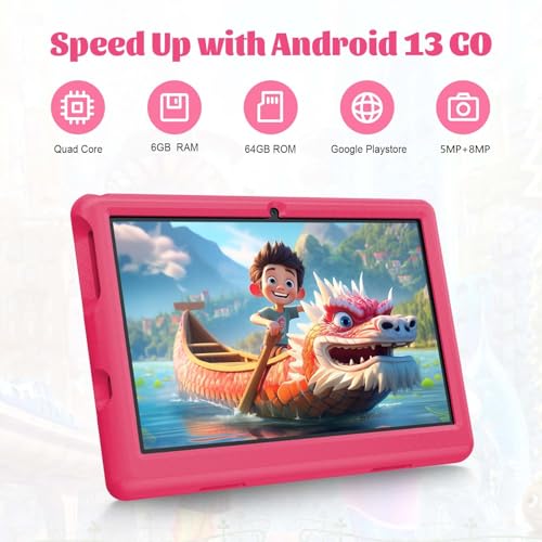 Pswarfd Kids Tablet 10.1 Inch Android 13 Quad-core 64 GB ROM 1280x800 IPS Touchscreen Parental Control Tablet PC with Shockproof Case (Pink)