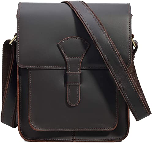 I0I&I0I Genuine Leather Messenger Bag for Men Small Retro Satchel Flap Crossbody Shoulder Bag Fits 10" Tablet, Dark Brown